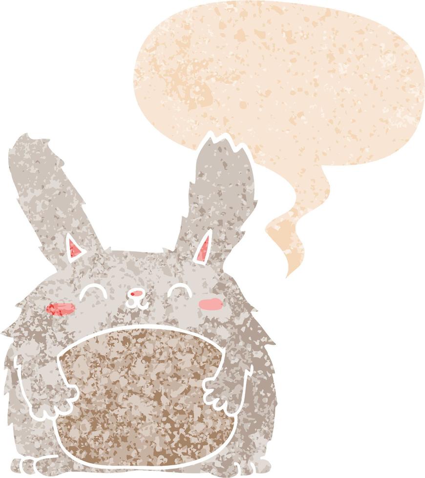 coelho peludo de desenho animado e bolha de fala em estilo retrô texturizado vetor