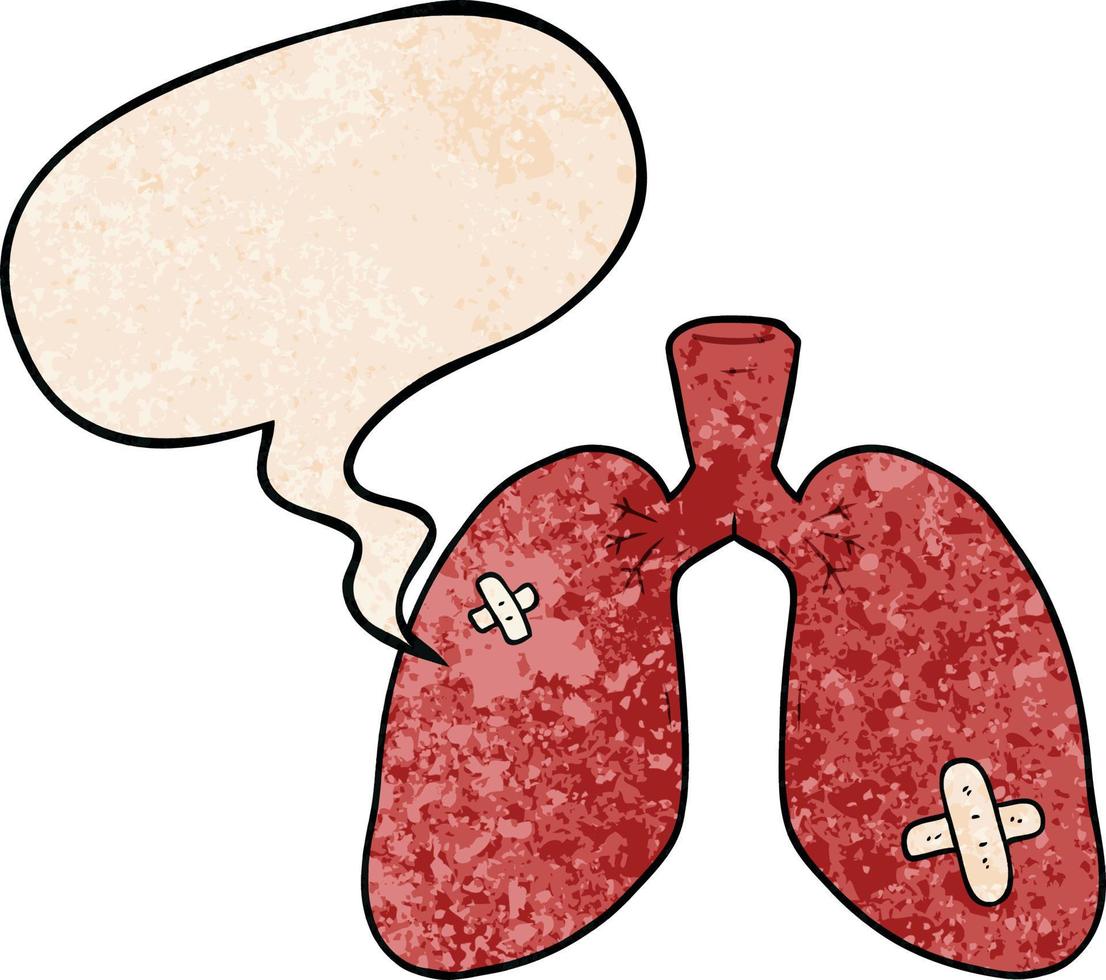 pulmões reparados dos desenhos animados e bolha de fala no estilo de textura retrô vetor