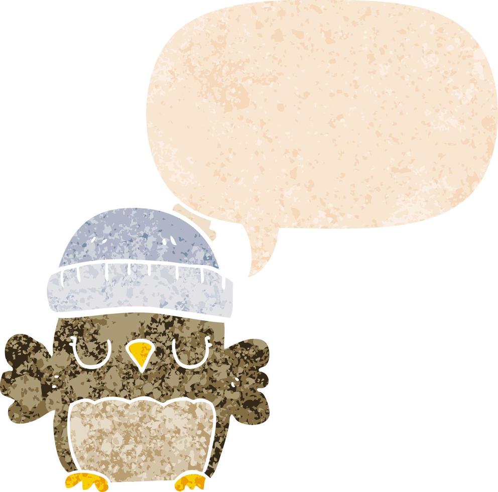 coruja de desenho animado bonito no chapéu e bolha de fala em estilo retrô texturizado vetor