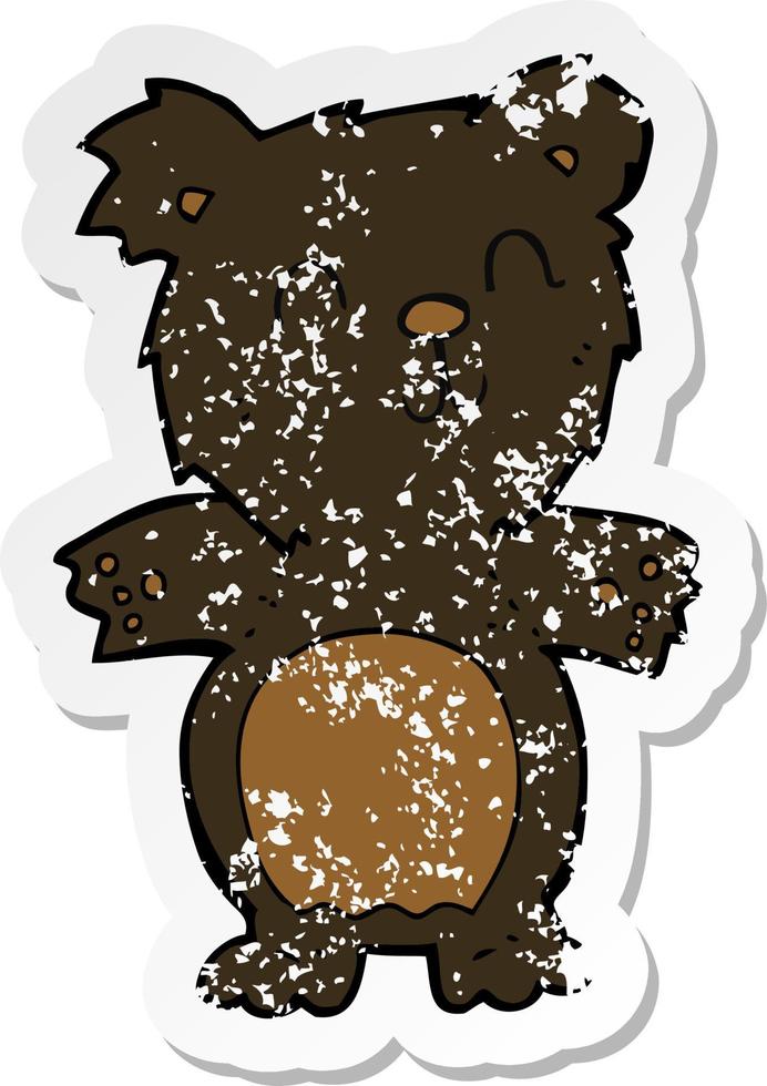 adesivo retrô angustiado de um lindo filhote de urso preto de desenho animado vetor