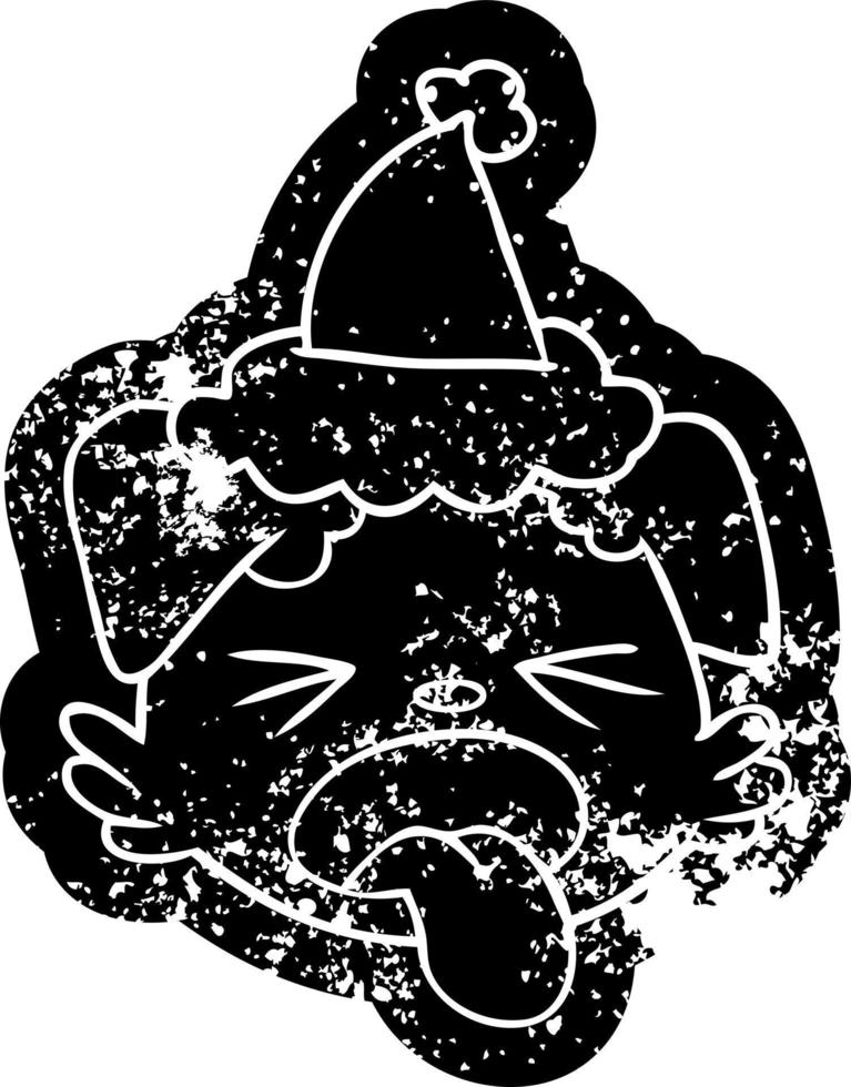 ícone angustiado dos desenhos animados de uma cara de cachorro usando chapéu de papai noel vetor