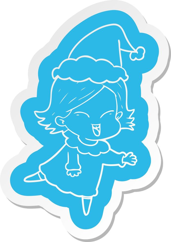 adesivo de desenho animado feliz de uma garota usando chapéu de papai noel vetor