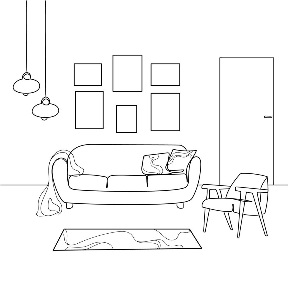 desenho de esboço de arte de linha interior de sala de estar minimalista com um sofá, poltrona, quadros vazios na parede e candelabros.Mobília moderna.design de interiores moderno, esboço branco preto.ilustração vetorial vetor