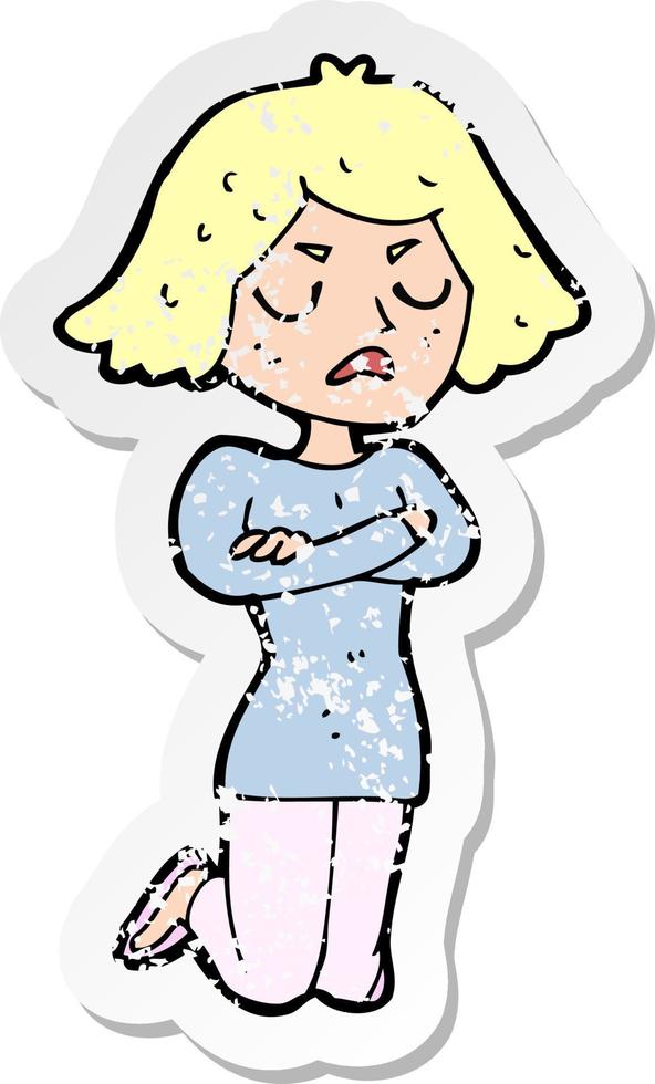 adesivo retrô angustiado de uma mulher irritada de desenho animado vetor