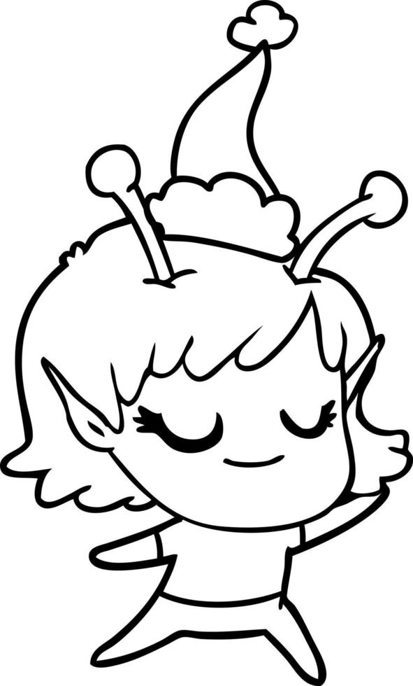 desenho de linha de garota alienígena sorridente de um chapéu de papai noel vetor