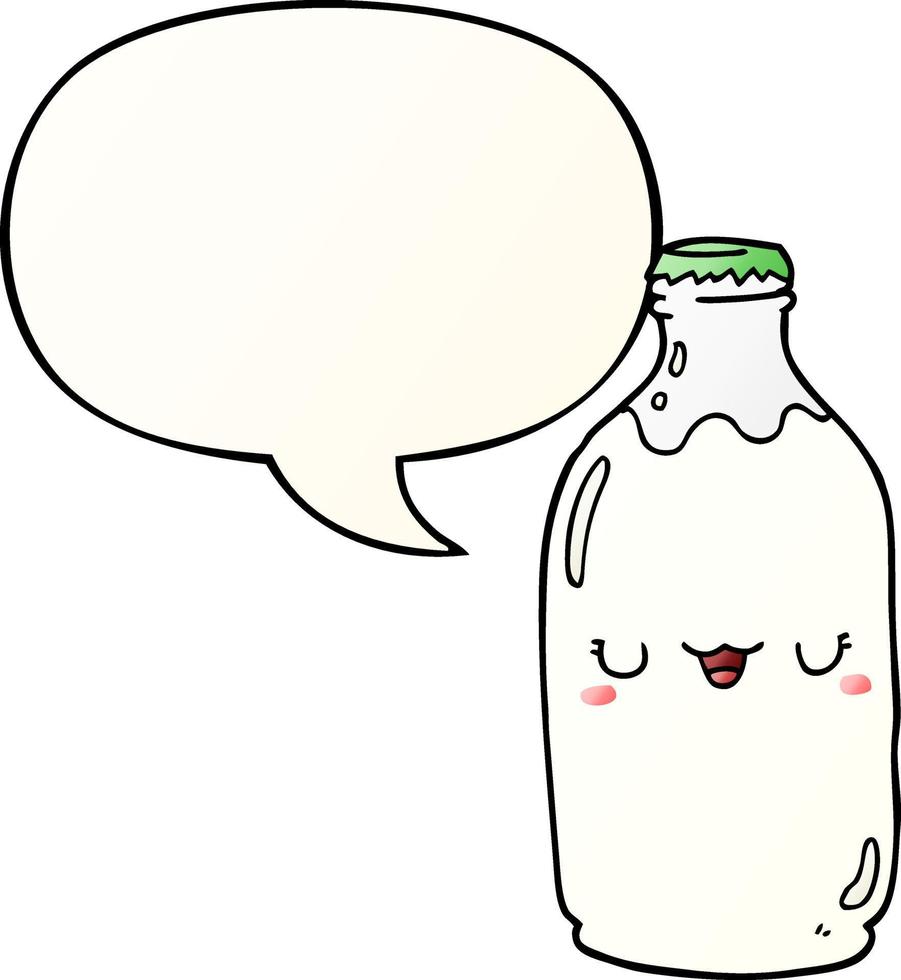 garrafa de leite bonito dos desenhos animados e bolha de fala em estilo gradiente suave vetor