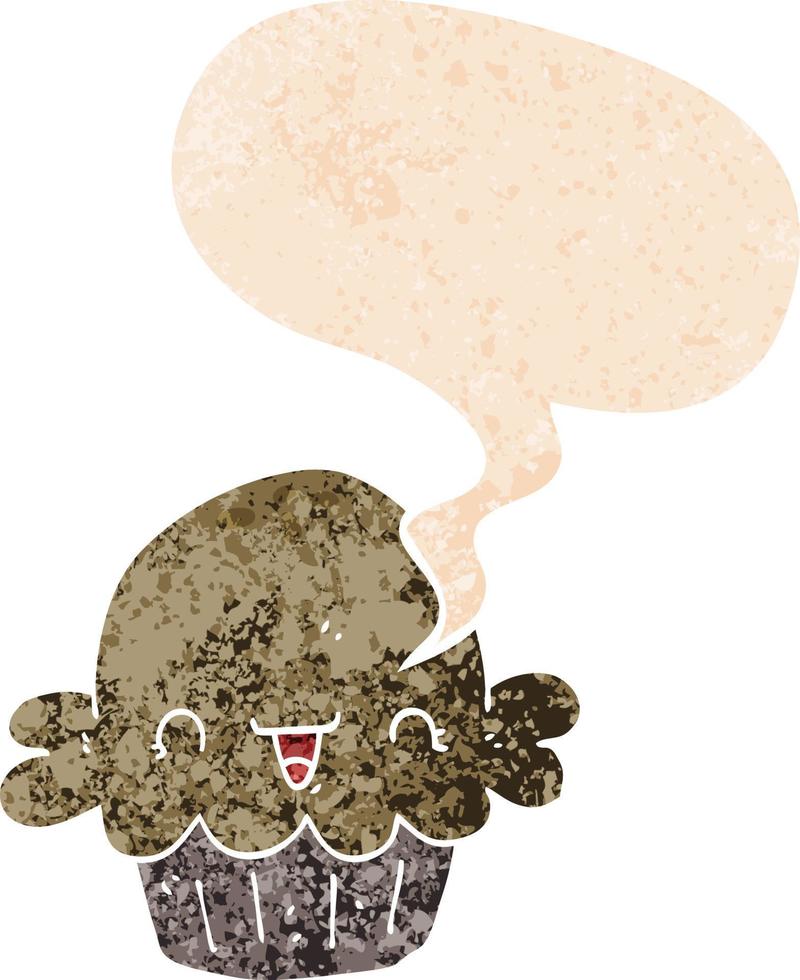 torta de desenho animado bonito e bolha de fala em estilo retrô texturizado vetor