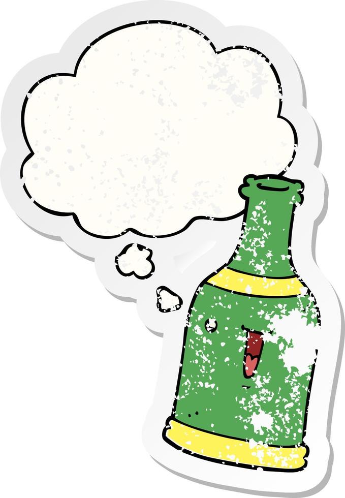 garrafa de cerveja de desenho animado e bolha de pensamento como um adesivo desgastado vetor