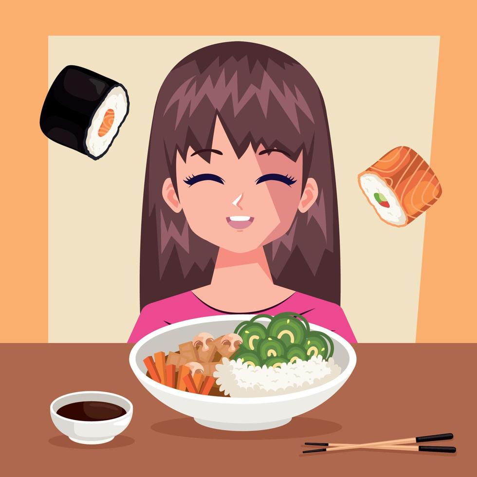 menina comendo comida japonesa vetor