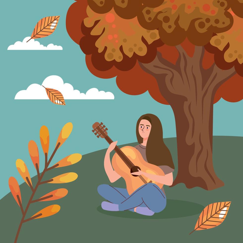 mulher tocando guitarra cena de outono vetor