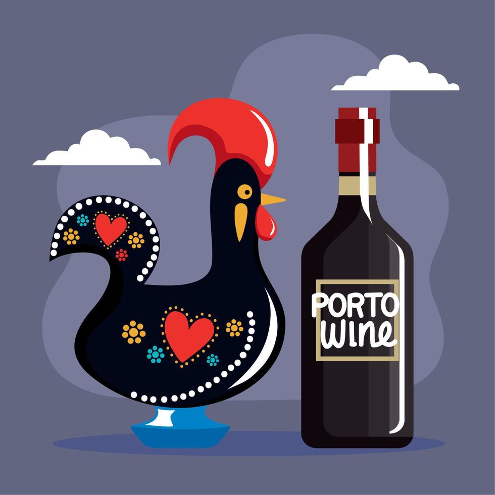 galo e vinho cultura portugal vetor