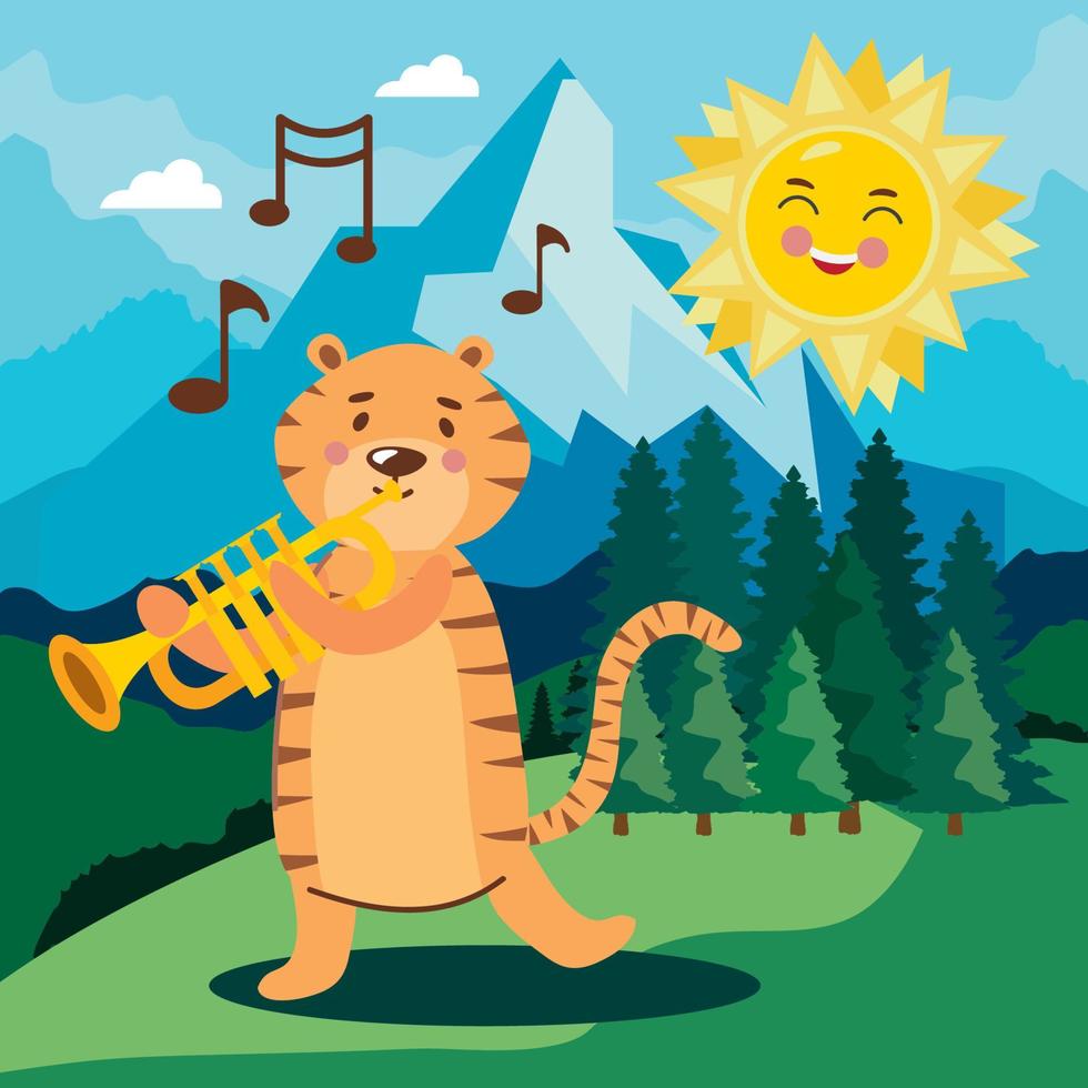 tigre tocando trompete paisagem vetor