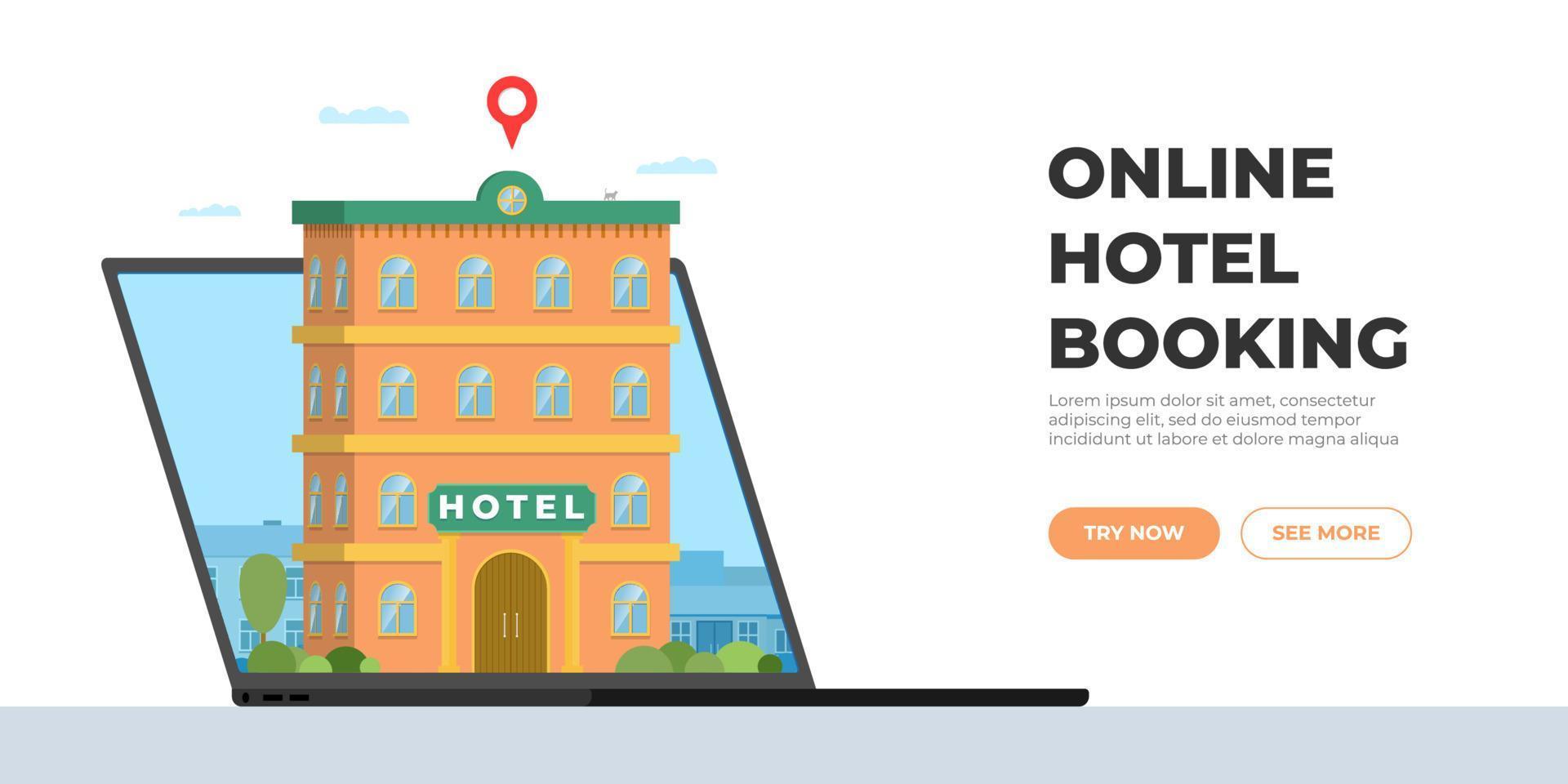 serviço online de reserva de hotel para modelo de página de destino de turismo. conceito de reserva de apartamento de viagem. construção de motel de férias e pino de localização na tela do laptop. pesquisa de albergue de ilustração vetorial vetor