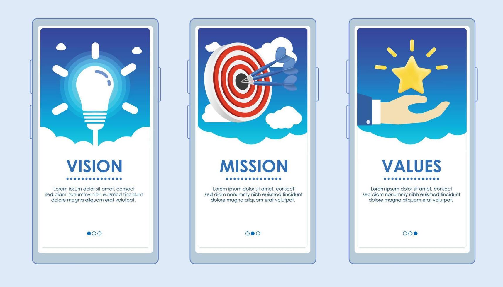 aplicativo de tela de valores de missão de visão vetor