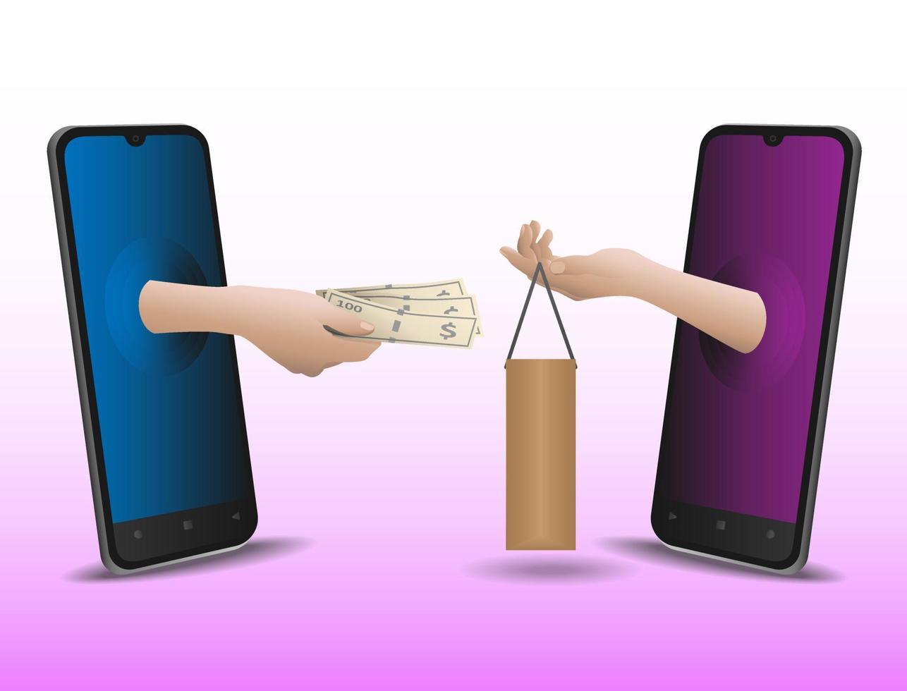 duas pessoas fazendo transações online por meio de aparelhos telefônicos vetor