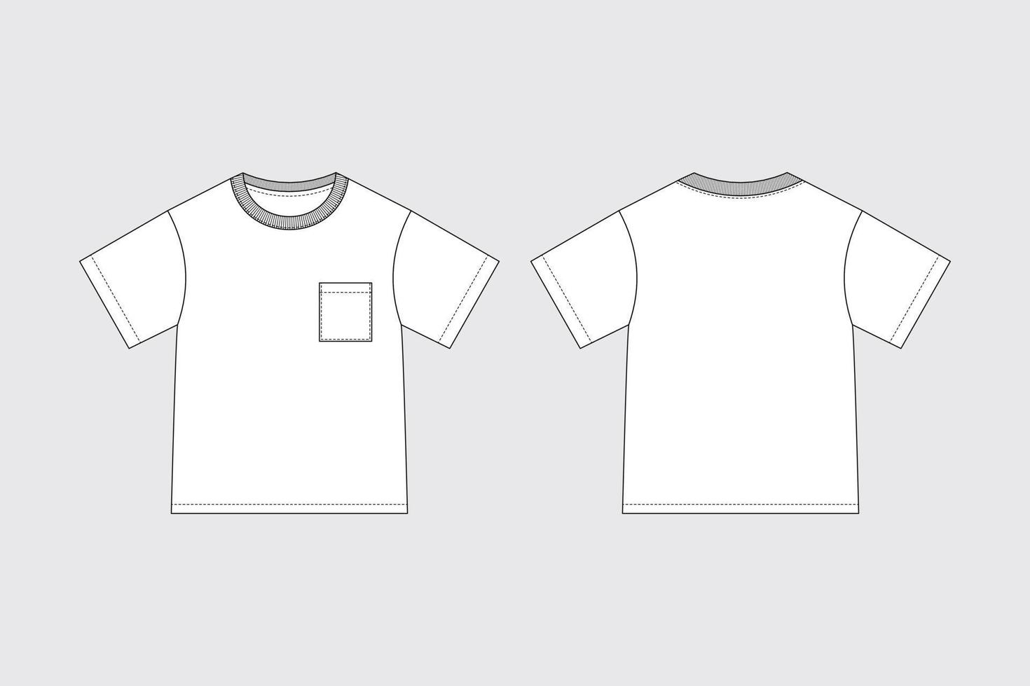 conjunto de t-shirt de criança branca gola redonda com bolso ilustração técnica de moda vetor