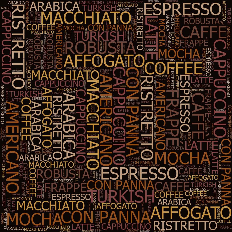 tipos de padrão de café, café expresso, cappuccino, macchiato, conceito de texto em nuvem de tag de nuvem de palavras. vetor