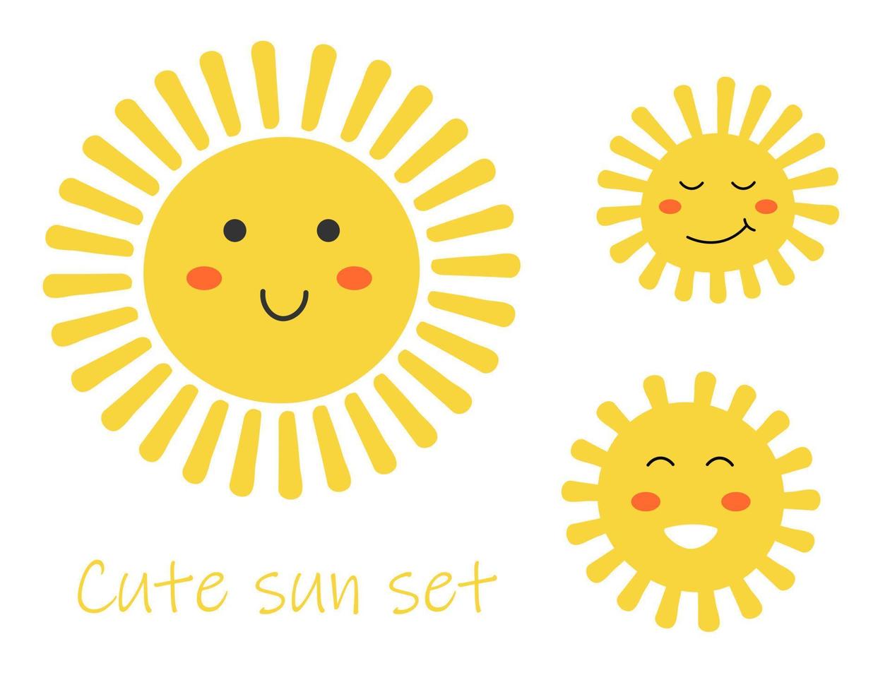 personagem de sol bonito dos desenhos animados com rosto kawaii. mascote amarelo simples doodle isolado no fundo branco. conjunto de ícones desenhados à mão plana. vetor