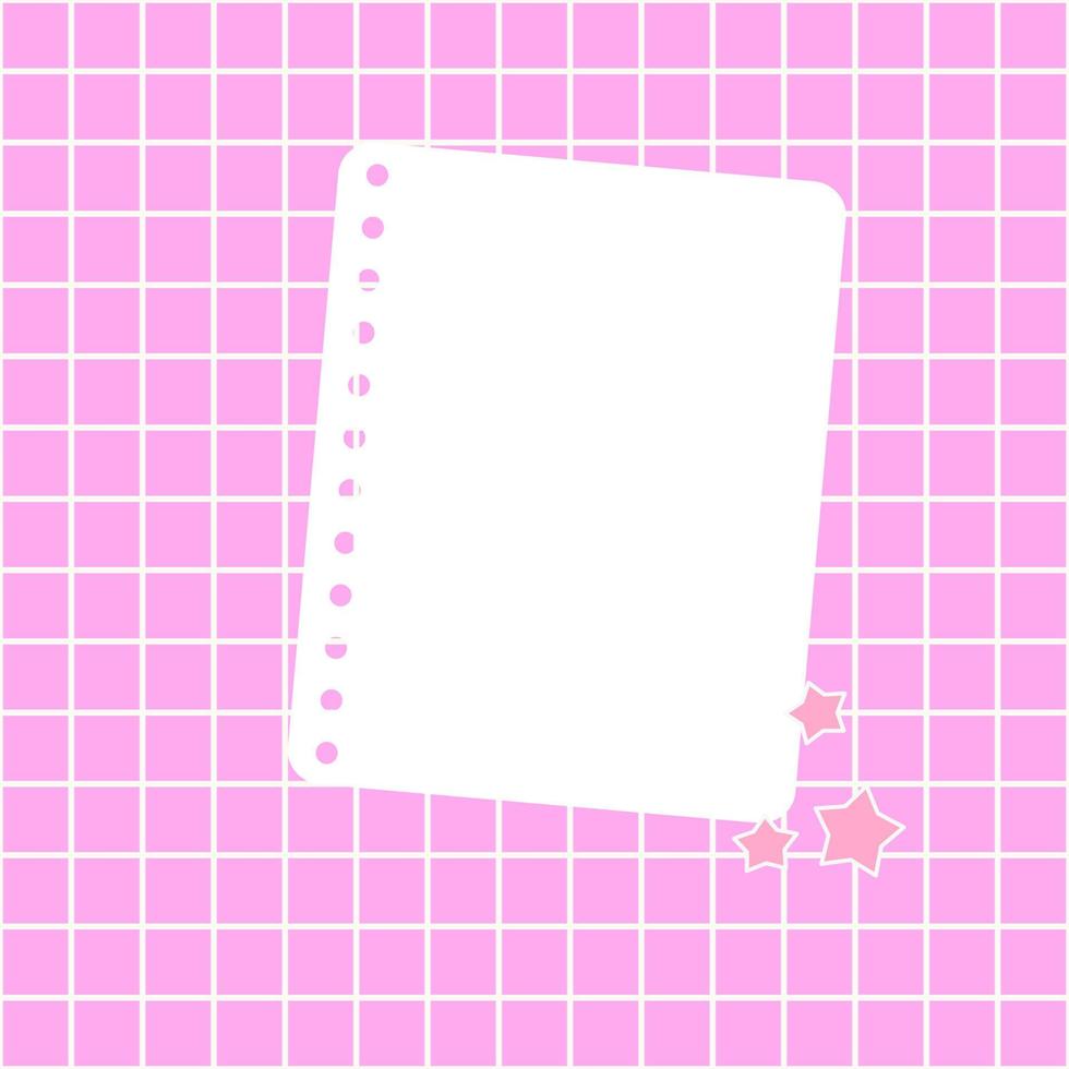 papel de nota branco sobre um fundo rosa. uma folha de papel de caderno no fundo xadrez rosa com estrelinha. ilustração vetorial, estilo simples. vetor