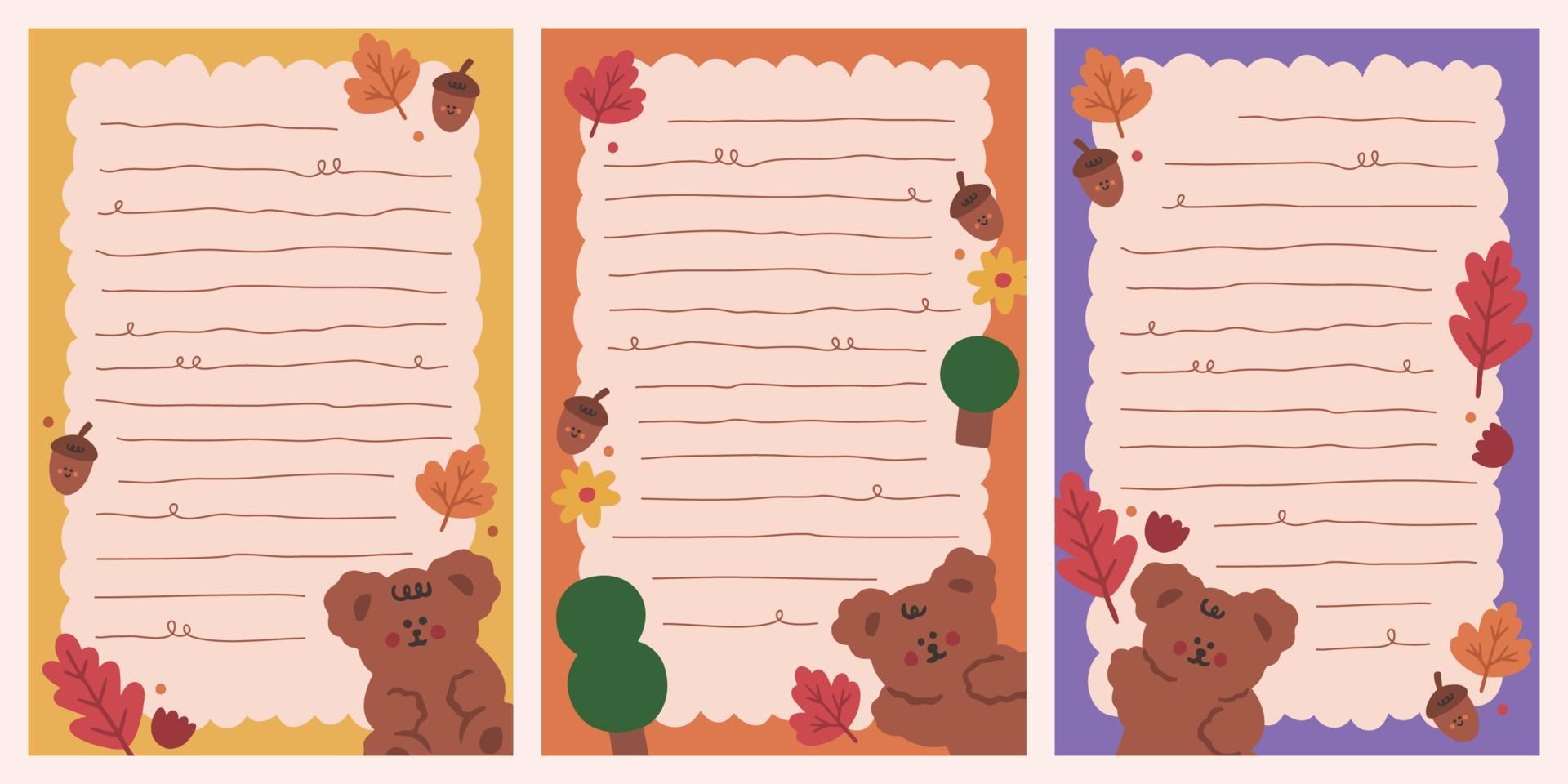 conjunto de modelos de notas e recados de memorando de urso desenhados à mão fofos vetor