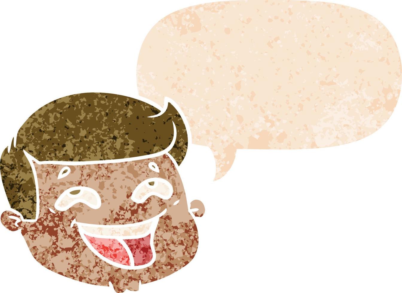 rosto masculino de desenho animado feliz e bolha de fala em estilo retrô texturizado vetor