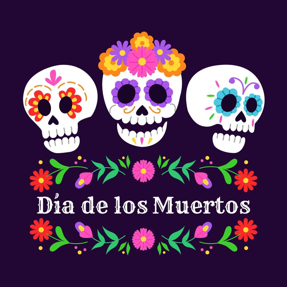 dia do cartão morto com texto em espanhol. caveiras de açúcar mexicano com decoração floral. ilustração vetorial. vetor