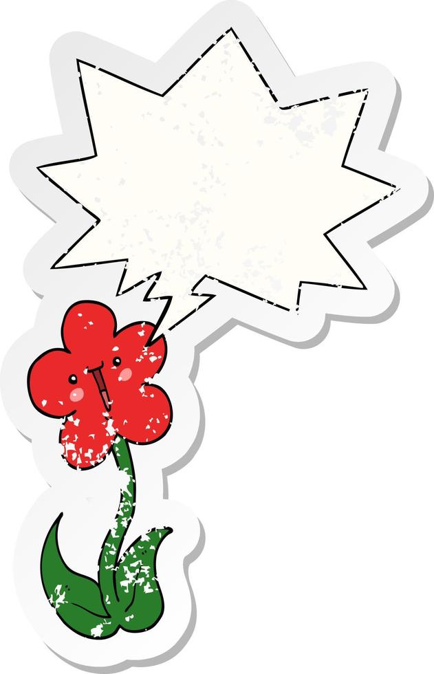 flor de desenho animado e adesivo angustiado de bolha de fala vetor