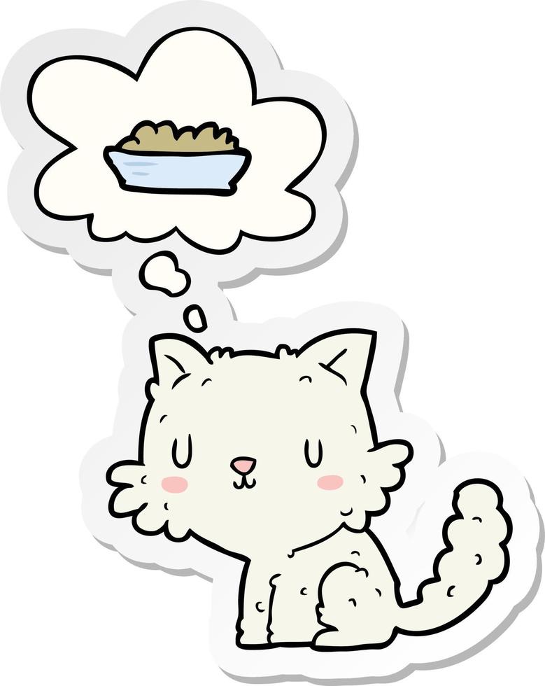 gato de desenho animado e comida e balão de pensamento como um adesivo impresso vetor