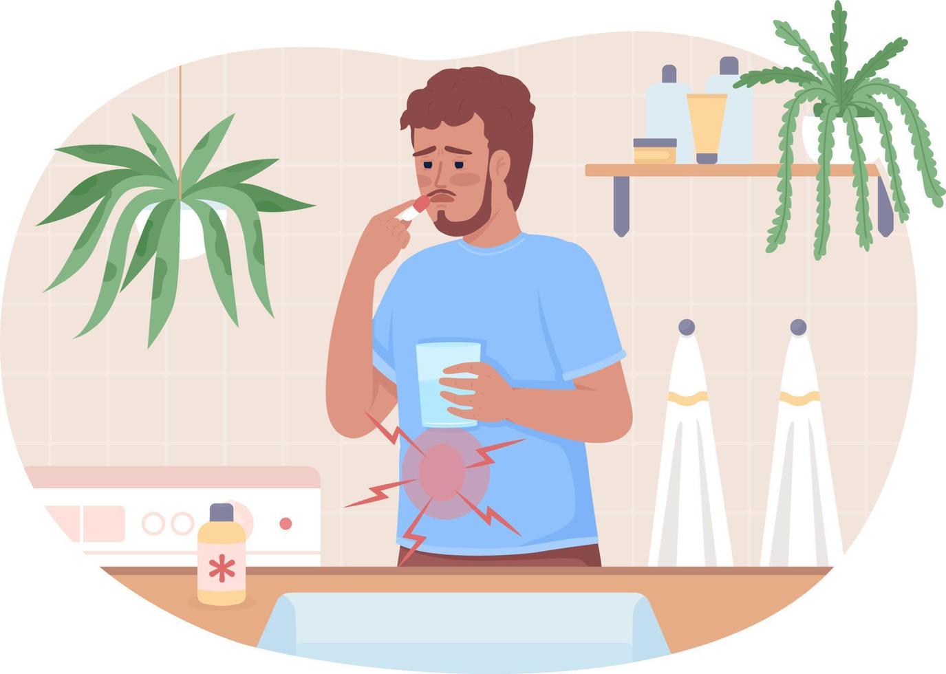 homem com dor de estômago tomando drogas em casa ilustração vetorial 2d isolada. personagem plana de cura de doença no fundo dos desenhos animados. cena editável colorida de saúde para celular, site, apresentação vetor