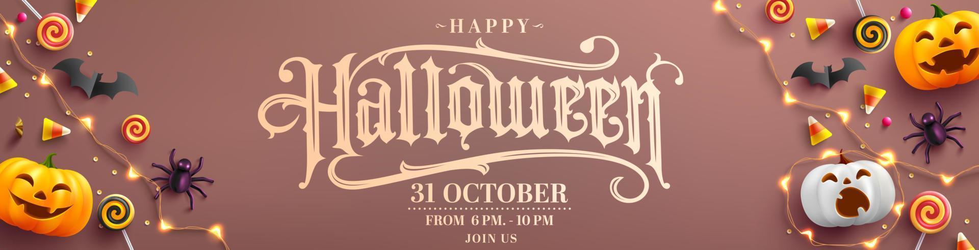 cartaz de festa de halloween feliz ou banner com abóbora fantasma, morcego, doces e elementos de halloween site assustador, plano de fundo ou banner modelo de halloween ilustração vetorial eps 10 vetor