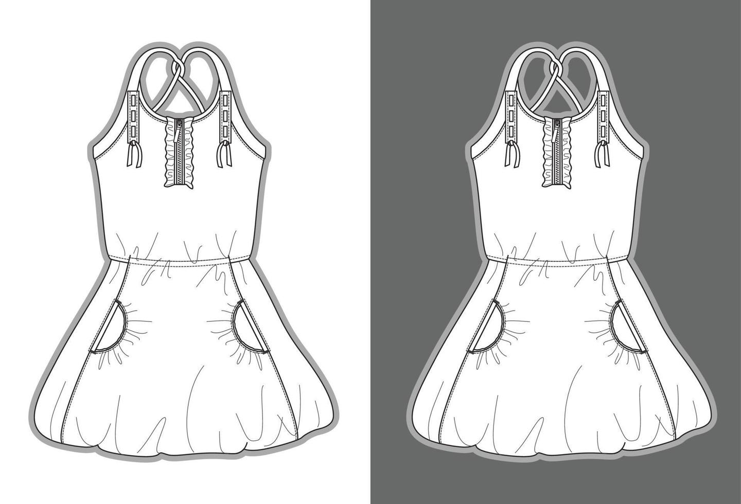 modelo de moda de esboço de vestuário de vestido de meninas vetor