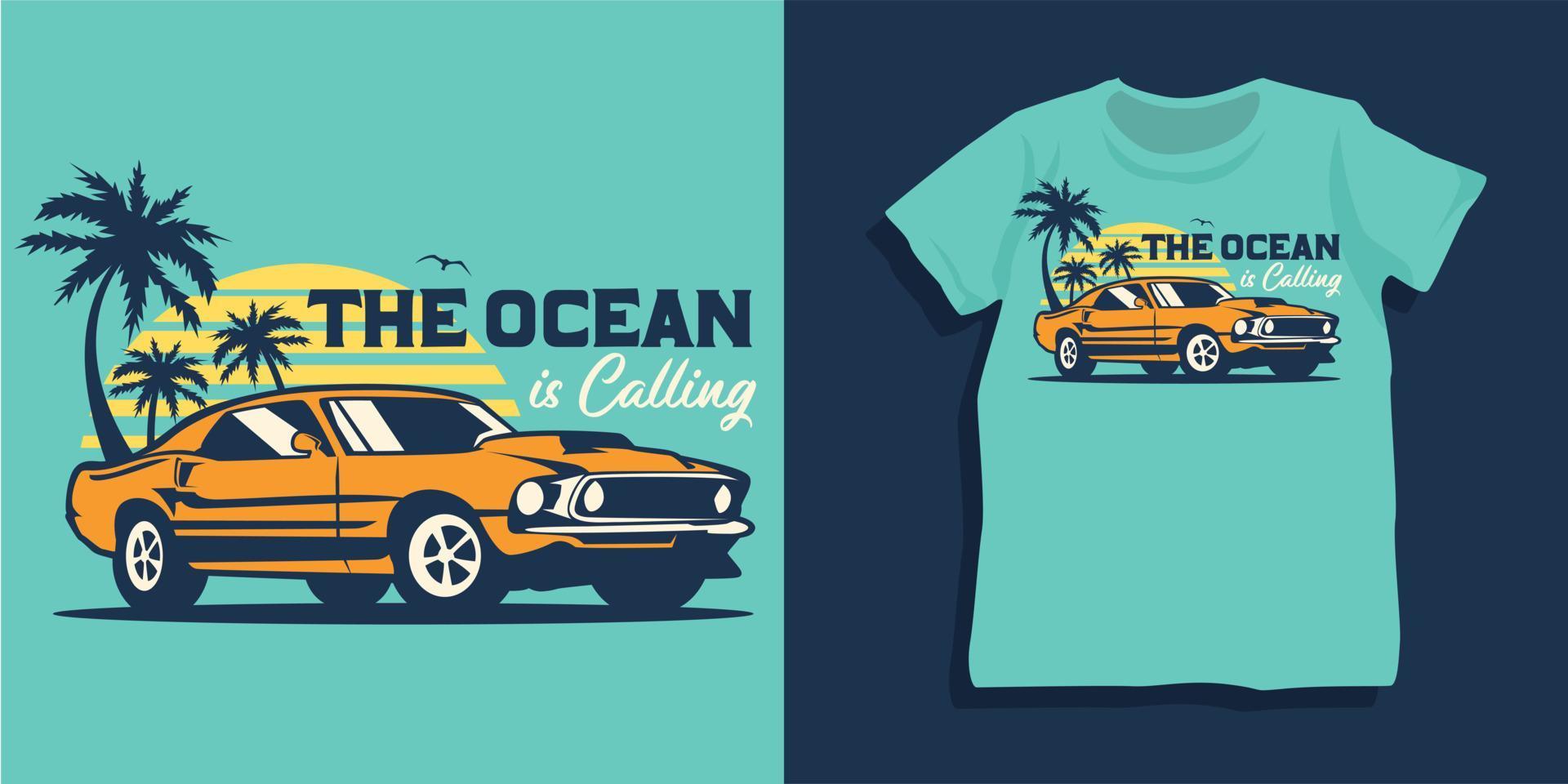 design de camiseta de carro de verão de praia vetor