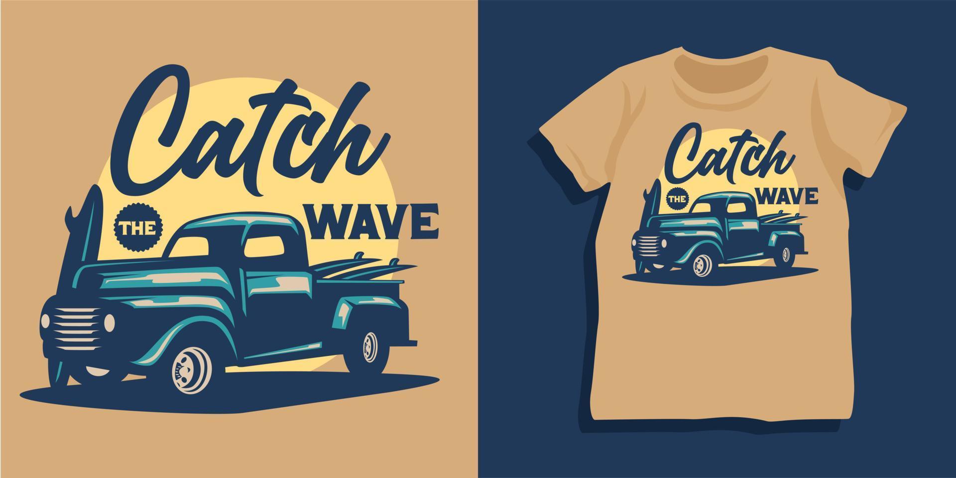 design de camiseta de carro de verão de praia vetor