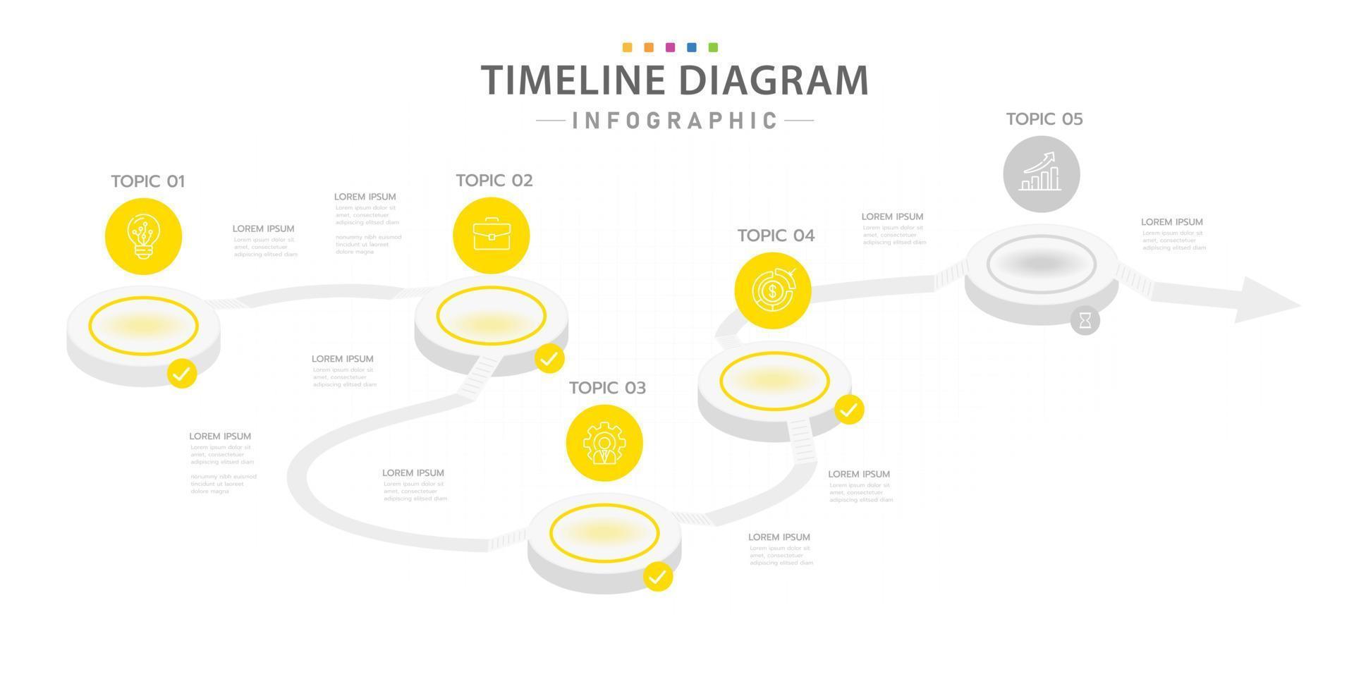 modelo de infográfico para negócios. Calendário de diagrama de linha do tempo moderno de 5 etapas com círculo e tópicos, infográfico de vetor de apresentação.