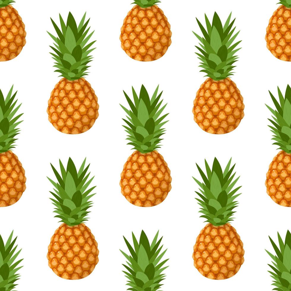 sem costura padrão com frutas frescas de abacaxi inteiro com folhas em fundo branco. frutas de verão para um estilo de vida saudável. fruta orgânica. estilo de desenho animado. ilustração vetorial para qualquer projeto. vetor