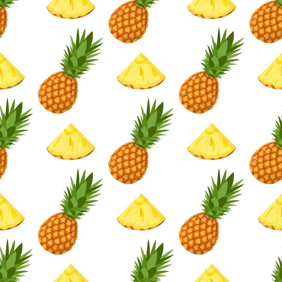 sem costura padrão com frutas frescas de abacaxi inteiras e cortadas com folhas no fundo branco. frutas de verão para um estilo de vida saudável. fruta orgânica. estilo de desenho animado. ilustração vetorial para qualquer projeto. vetor