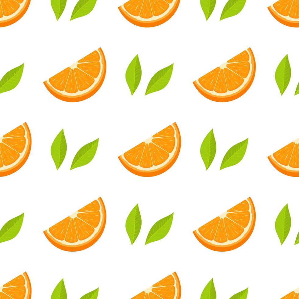 sem costura padrão com frutas frescas de laranja fatia e folhas verdes sobre fundo branco. tangerina. fruta orgânica. estilo de desenho animado. ilustração vetorial para design, web, papel de embrulho, tecido, papel de parede. vetor