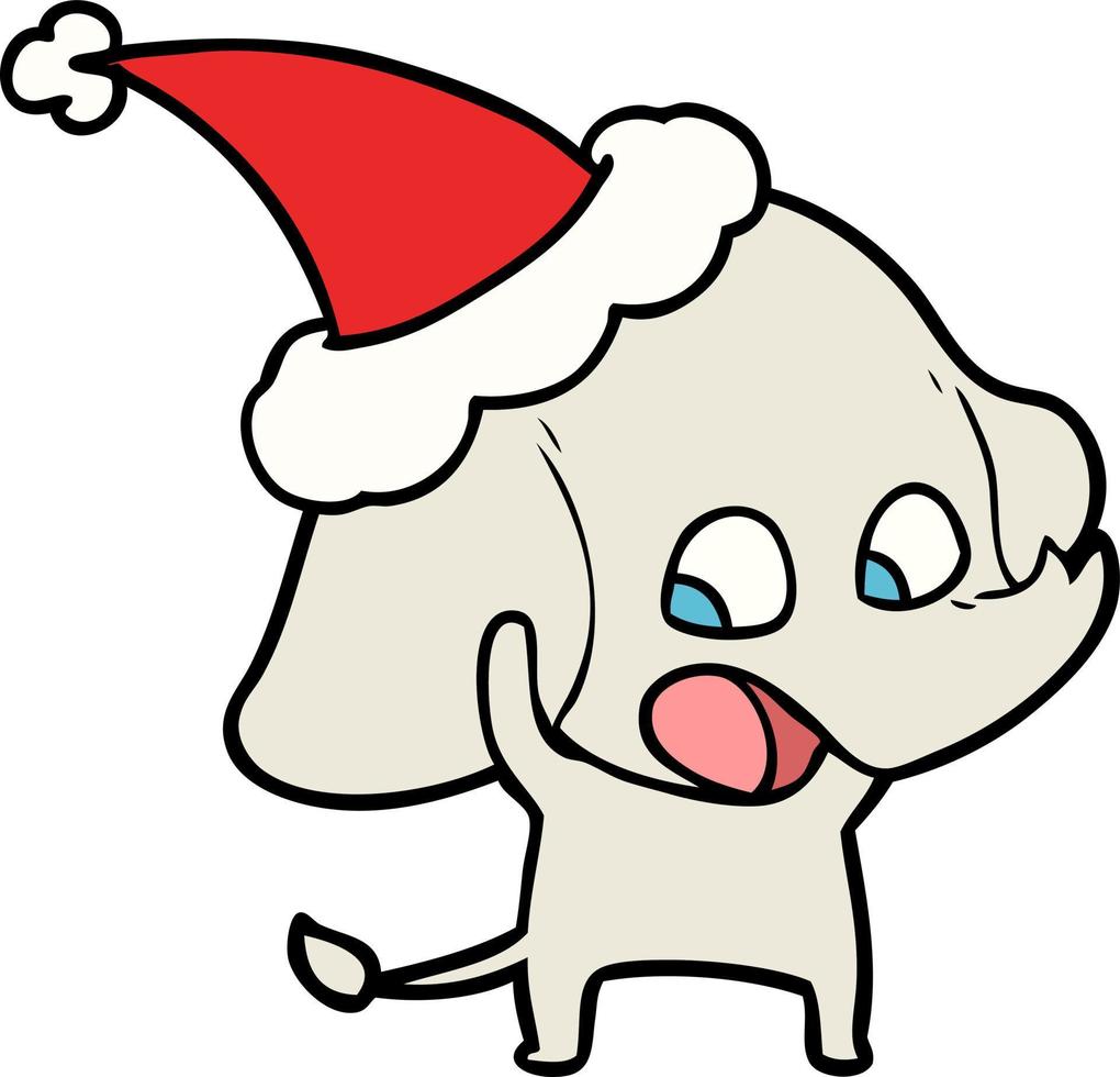 desenho de linha bonito de um elefante usando chapéu de papai noel vetor