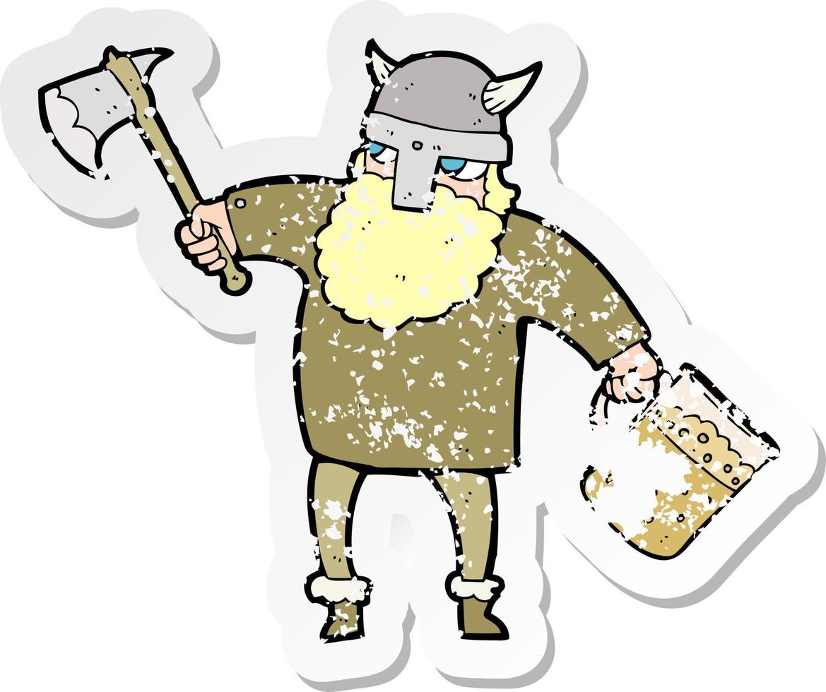 adesivo retrô angustiado de um desenho animado viking bêbado vetor