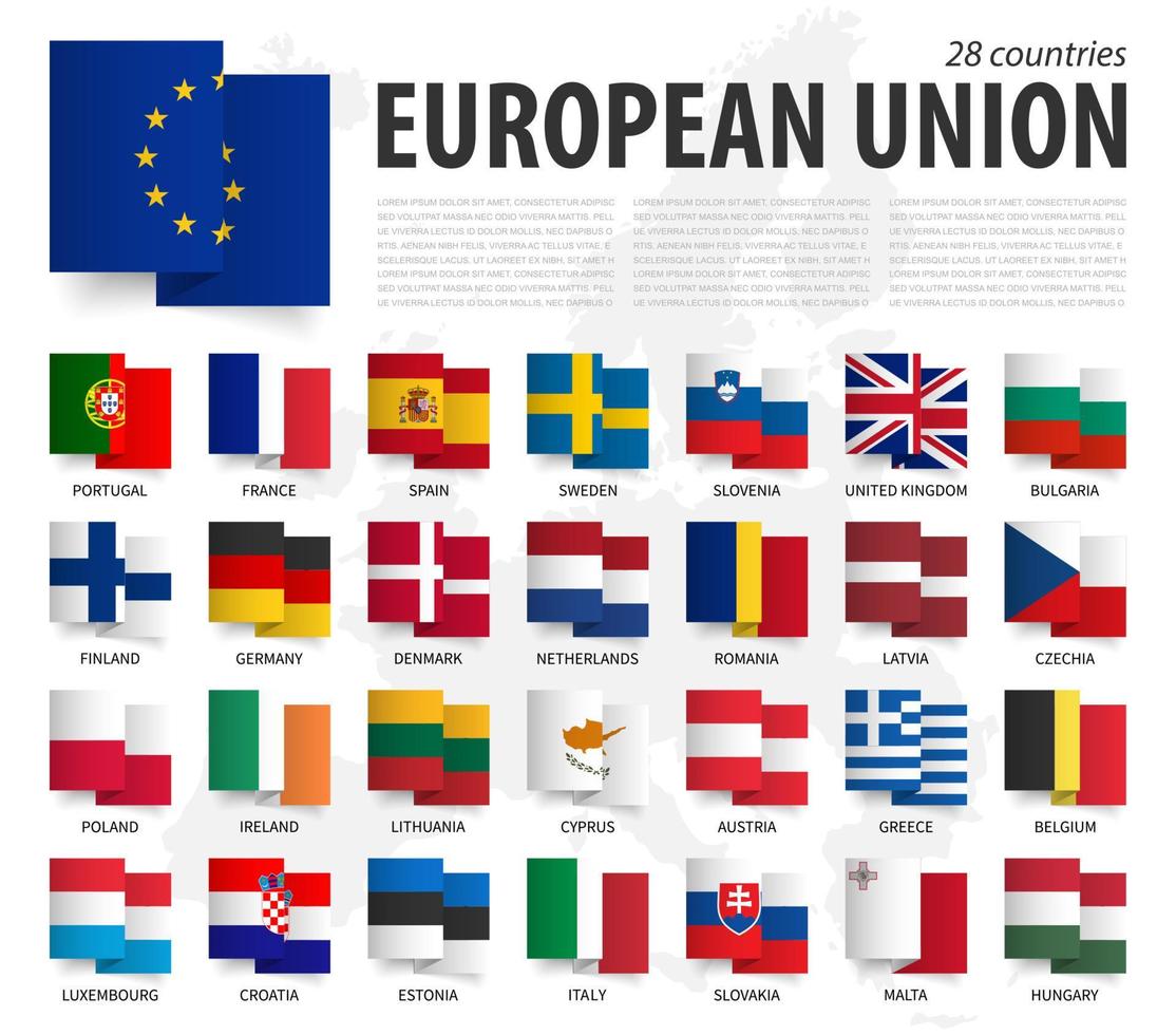 União Europeia . UE . acenando design de bandeira de fita em ziguezague. mapa da Europa em segundo plano. vetor de elemento.