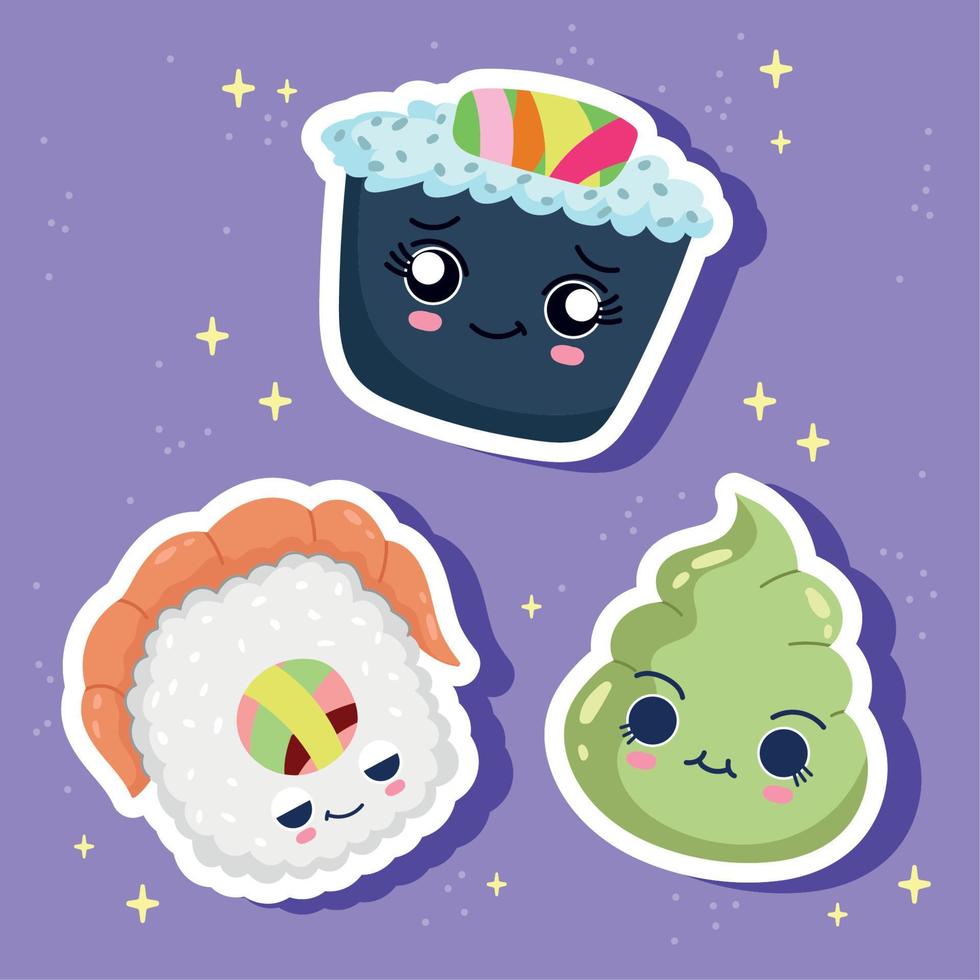 adesivos de sushi kawaii vetor