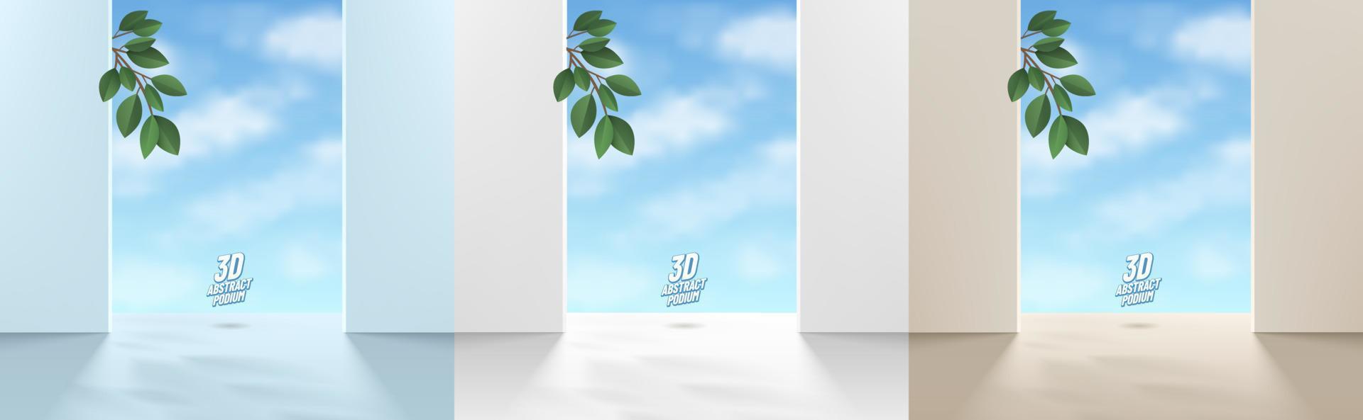 conjunto de fundo de pódio 3d realista em cena branca, azul, bege com folha verde e nuvens céu azul. cena de parede mínima abstrata para exibição de produtos de maquete, vitrine de palco. formas geométricas vetoriais. vetor