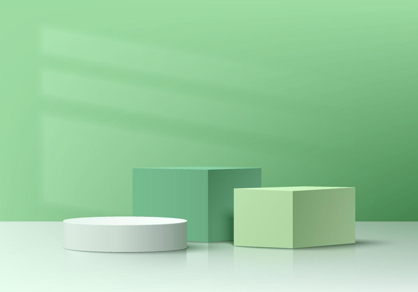 cubo 3d realista branco, verde e pódio de pedestal de cilindro com fundo de sombra de janela. cena de parede mínima para vitrine de palco de produtos, exibição de promoção. vector design de grupo de formas geométricas.