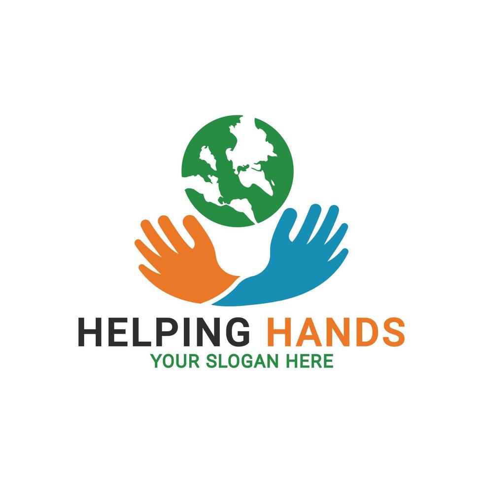 salve o logotipo do mundo, mãos humanas segurando o globo, logotipo de mãos de trabalho em equipe, modelo de logotipo de mãos amigas vetor