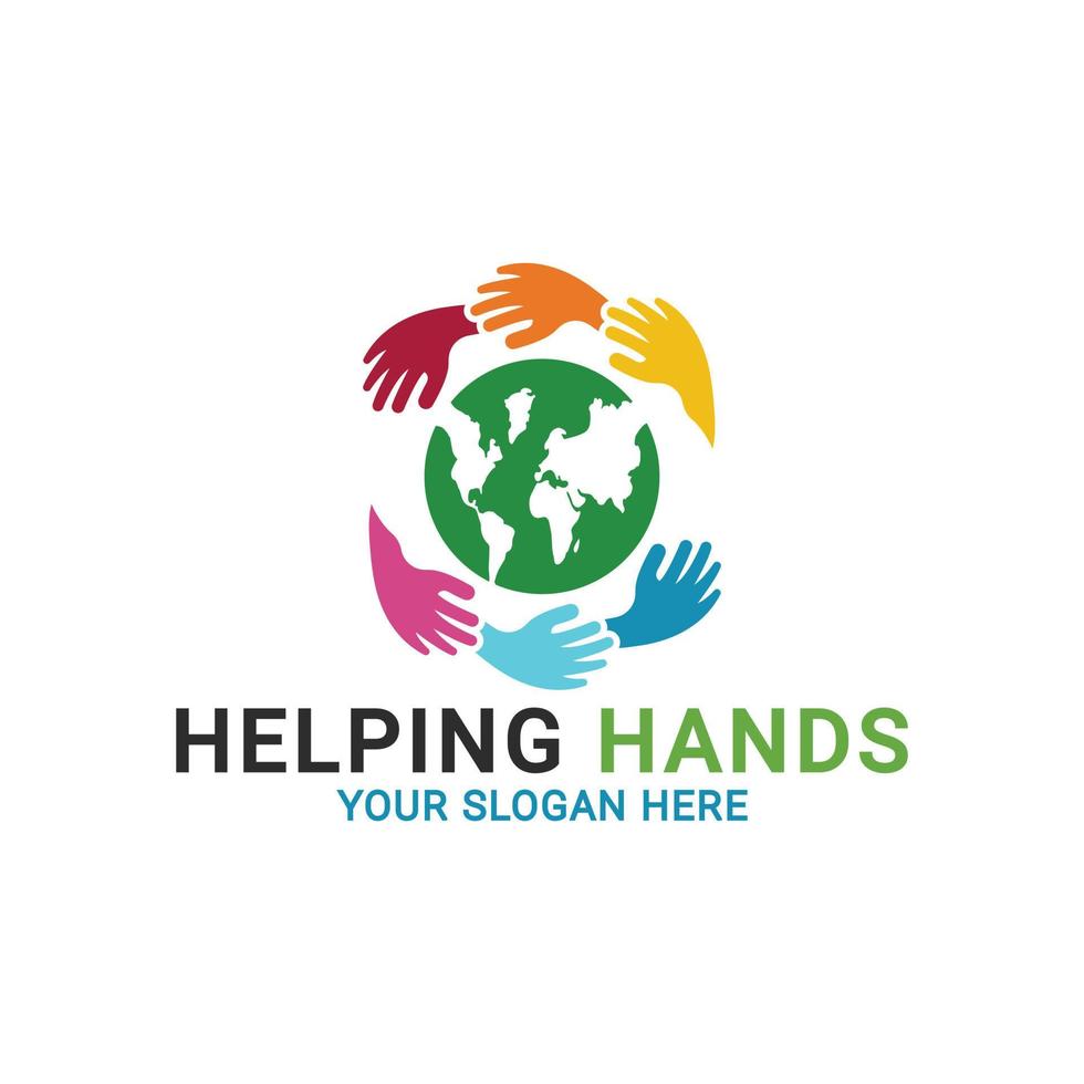 salve o logotipo do mundo, mãos humanas segurando o globo, logotipo de mãos de trabalho em equipe, modelo de logotipo de mãos amigas vetor