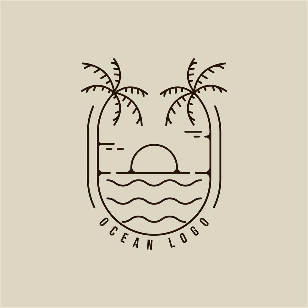 palmeira e ondas do mar linha arte logotipo vetor simples ilustração minimalista modelo ícone design gráfico. onda do mar com sinal solar ou símbolo para empresa de viagens com crachá criativo e tipografia