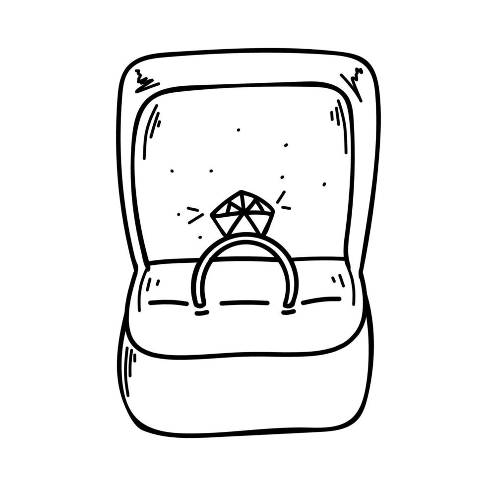 desenho vetorial de anel de casamento com diamante em estilo doodle isolado preto sobre fundo branco anel em uma ilustração vetorial de caixa vetor