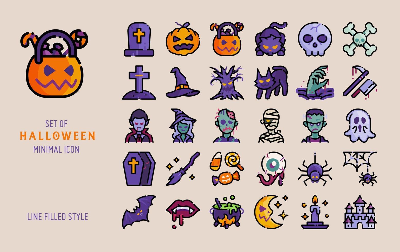 conjunto de ícones de halloween. ilustração de estilo cheio de linha vetor