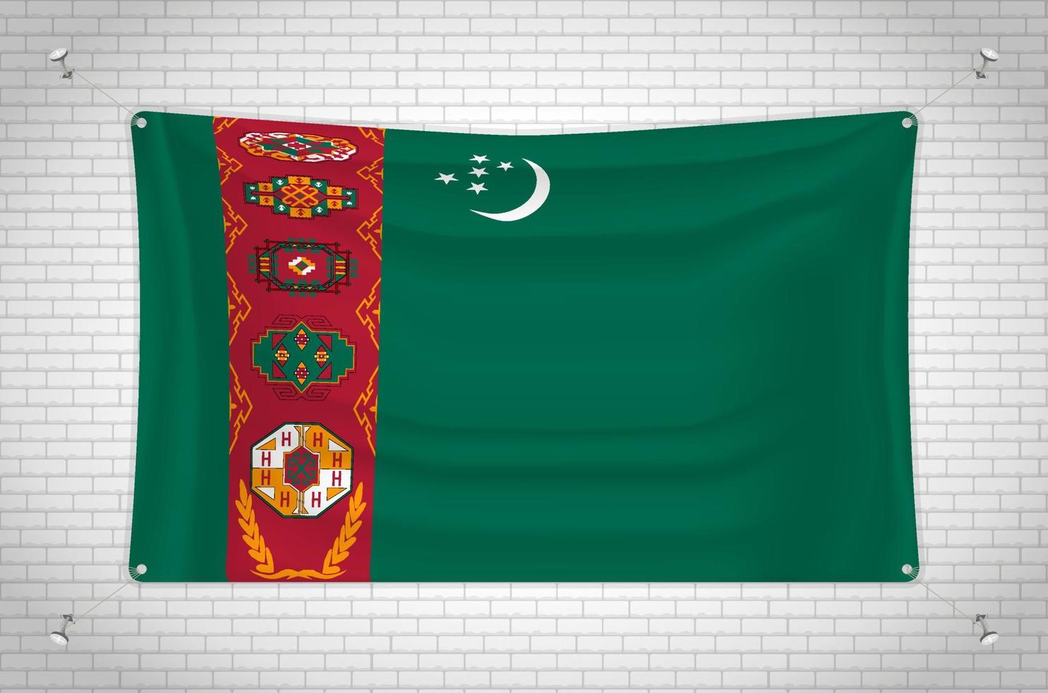 bandeira do turquemenistão pendurada na parede de tijolos. desenho 3D. bandeira pendurada na parede. desenhando ordenadamente em grupos em camadas separadas para facilitar a edição. vetor