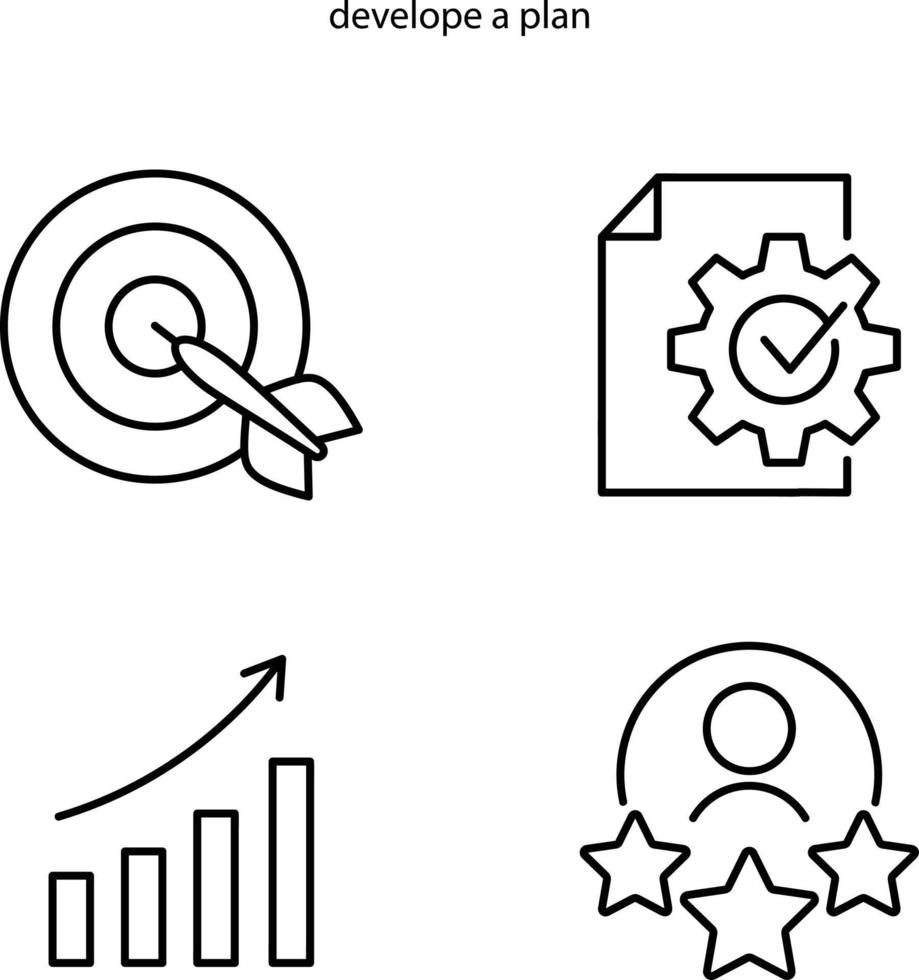 plano conjunto de ícones de vetor de desenvolvimento isolado no fundo branco. desenvolvimento e realização do plano de empresário, gerente desenvolvendo e planejando a estratégia de inicialização da empresa.